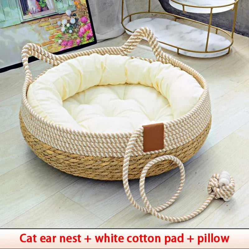 Summer Cat Bed Woven Removable Upholstery Sleeping House Cat Scratch Floor Rattan Wear-Resistant Washable Cat Pet Supplies 35