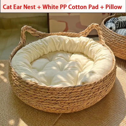 Summer Cat Bed Woven Removable Upholstery Sleeping House Cat Scratch Floor Rattan Wear-Resistant Washable Cat Pet Supplies 35