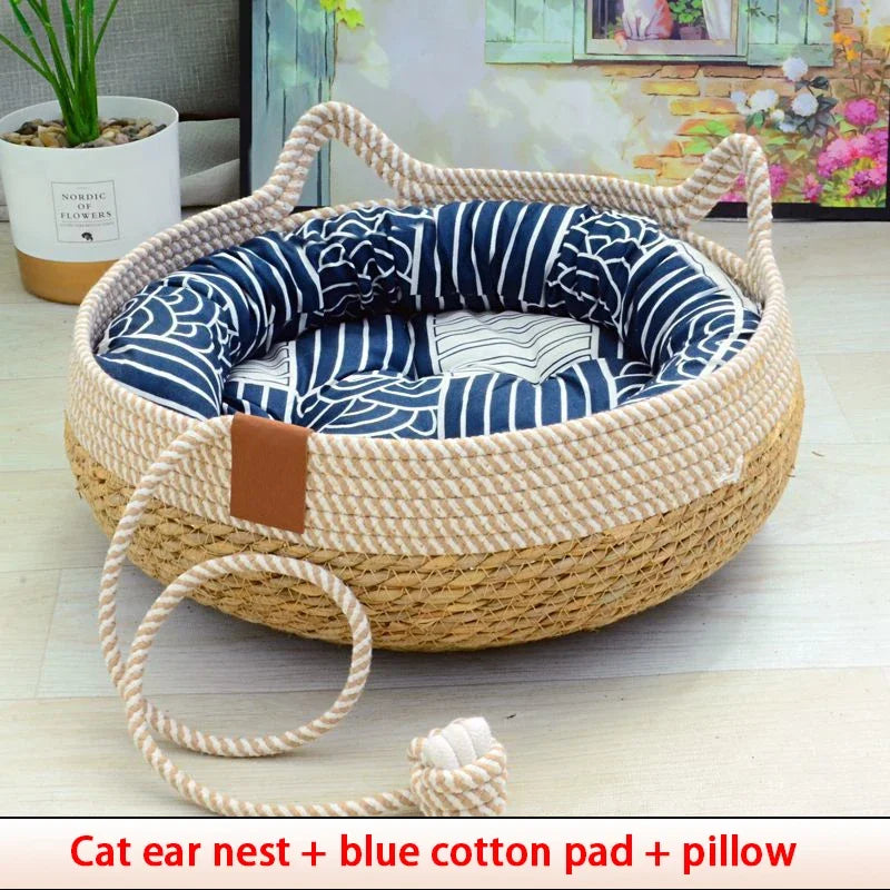 Summer Cat Bed Woven Removable Upholstery Sleeping House Cat Scratch Floor Rattan Wear-Resistant Washable Cat Pet Supplies 35