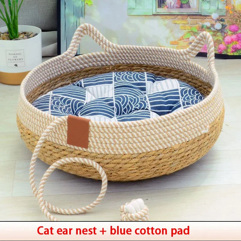 Summer Cat Bed Woven Removable Upholstery Sleeping House Cat Scratch Floor Rattan Wear-Resistant Washable Cat Pet Supplies 35