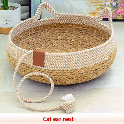 Summer Cat Bed Woven Removable Upholstery Sleeping House Cat Scratch Floor Rattan Wear-Resistant Washable Cat Pet Supplies 35