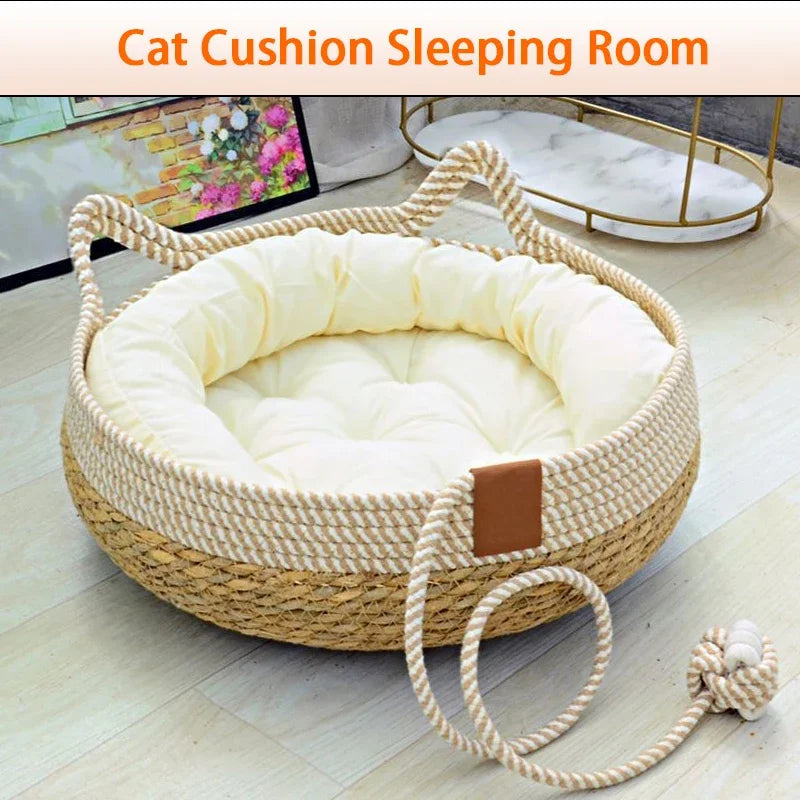 Summer Cat Bed Woven Removable Upholstery Sleeping House Cat Scratch Floor Rattan Wear-Resistant Washable Cat Pet Supplies 35